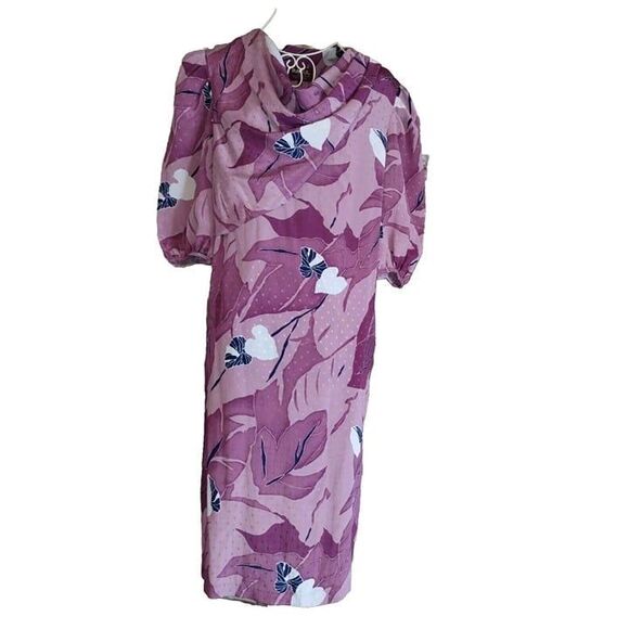 5/$25 Sz 12 80s Large Print Purple Floral Bandana Pleated Collar Dress - Picture 2 of 12